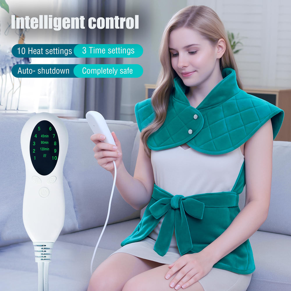 AAYAAY heating pad shawl with controls for customizable heat levels.