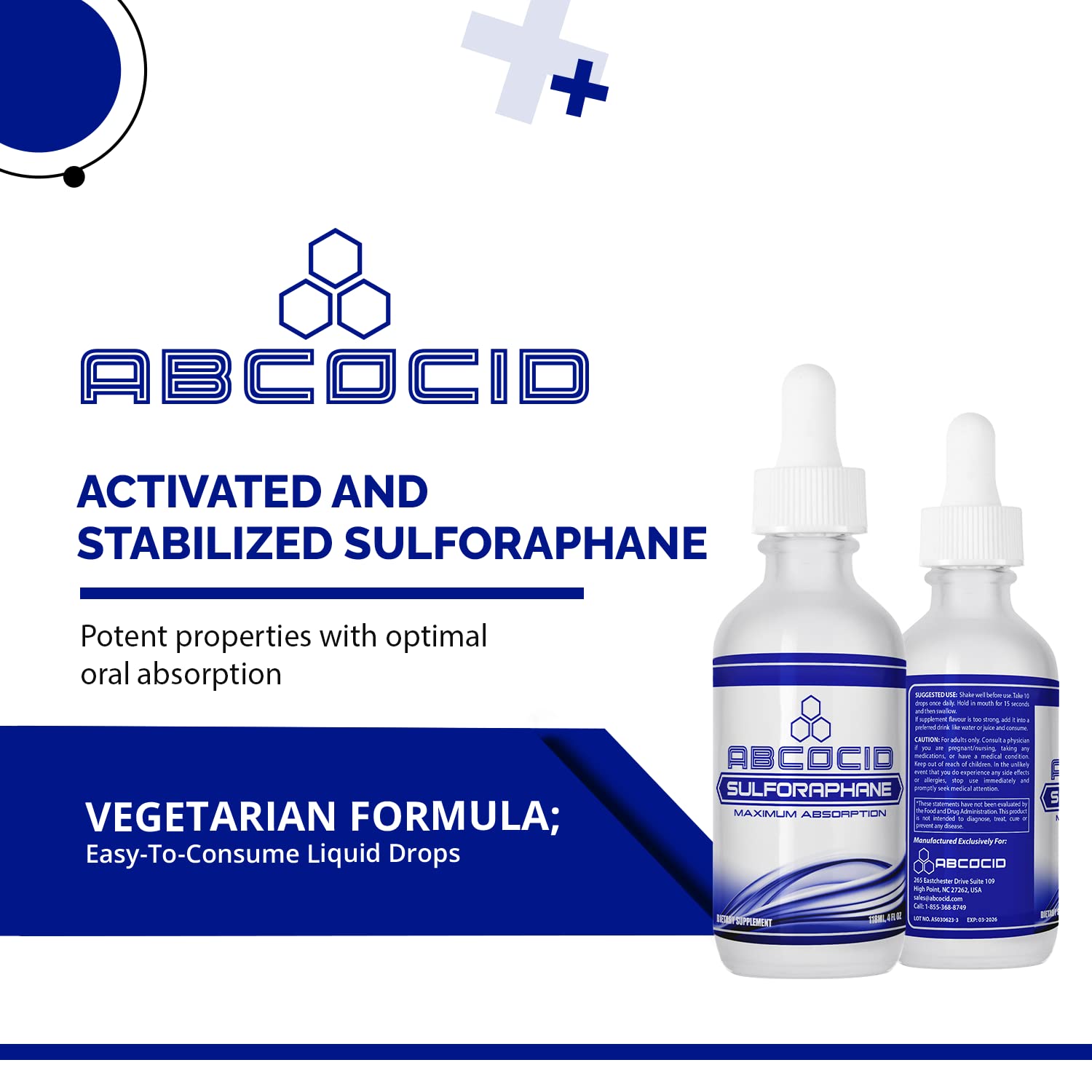 USA-made ABCOCID sulforaphane label emphasizing safety and quality