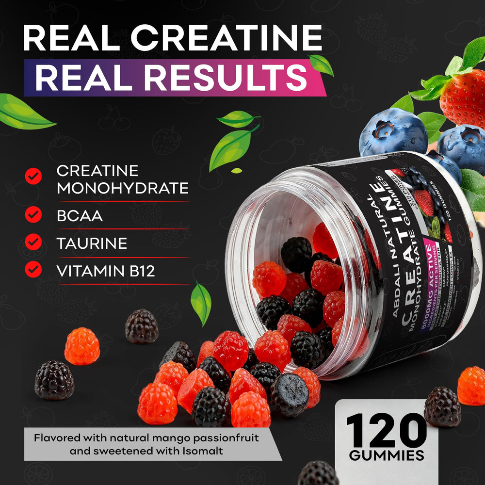 Close up of ABDALI NATURAL Creatine Gummies with mixed berry flavor for pre workout support.