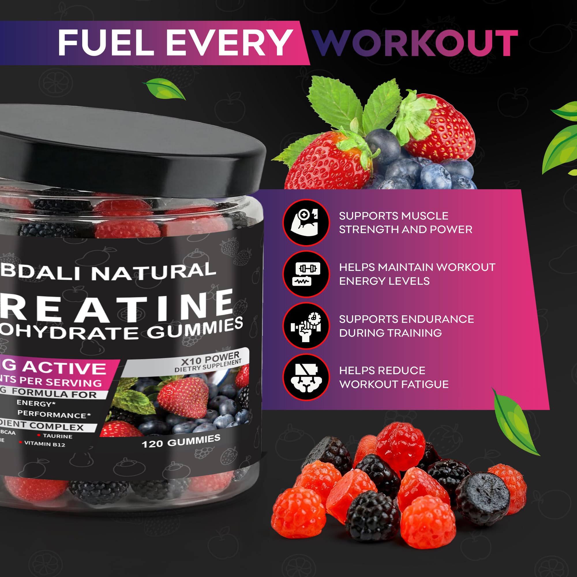 Packaging of ABDALI NATURAL Creatine Gummies highlights vegan and sugar free formula.
