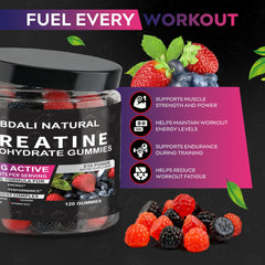 Packaging of ABDALI NATURAL Creatine Gummies highlights vegan and sugar free formula.