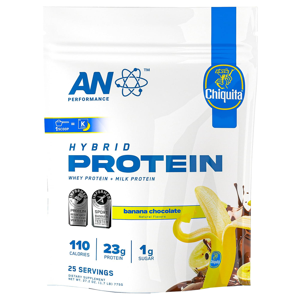 ABE All Black Everything AN Performance whey bottle showing banana chocolate flavor profile