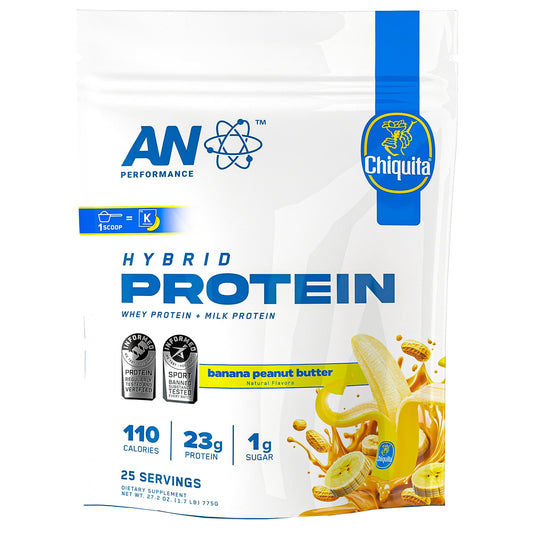 ABE AN Performance Whey bottle with scoop displaying Chiquita Banana Peanut Butter flavor for post-workout fuel.