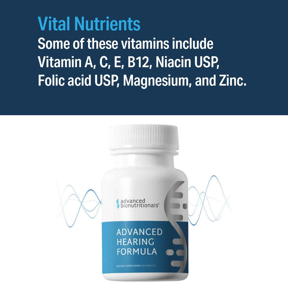 Advanced Bionutritionals Advanced Hearing Formula ingredients panel shows antioxidant nutrients