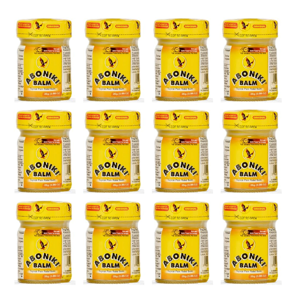 Aboniki balm twelve-pack jars for long-term support.