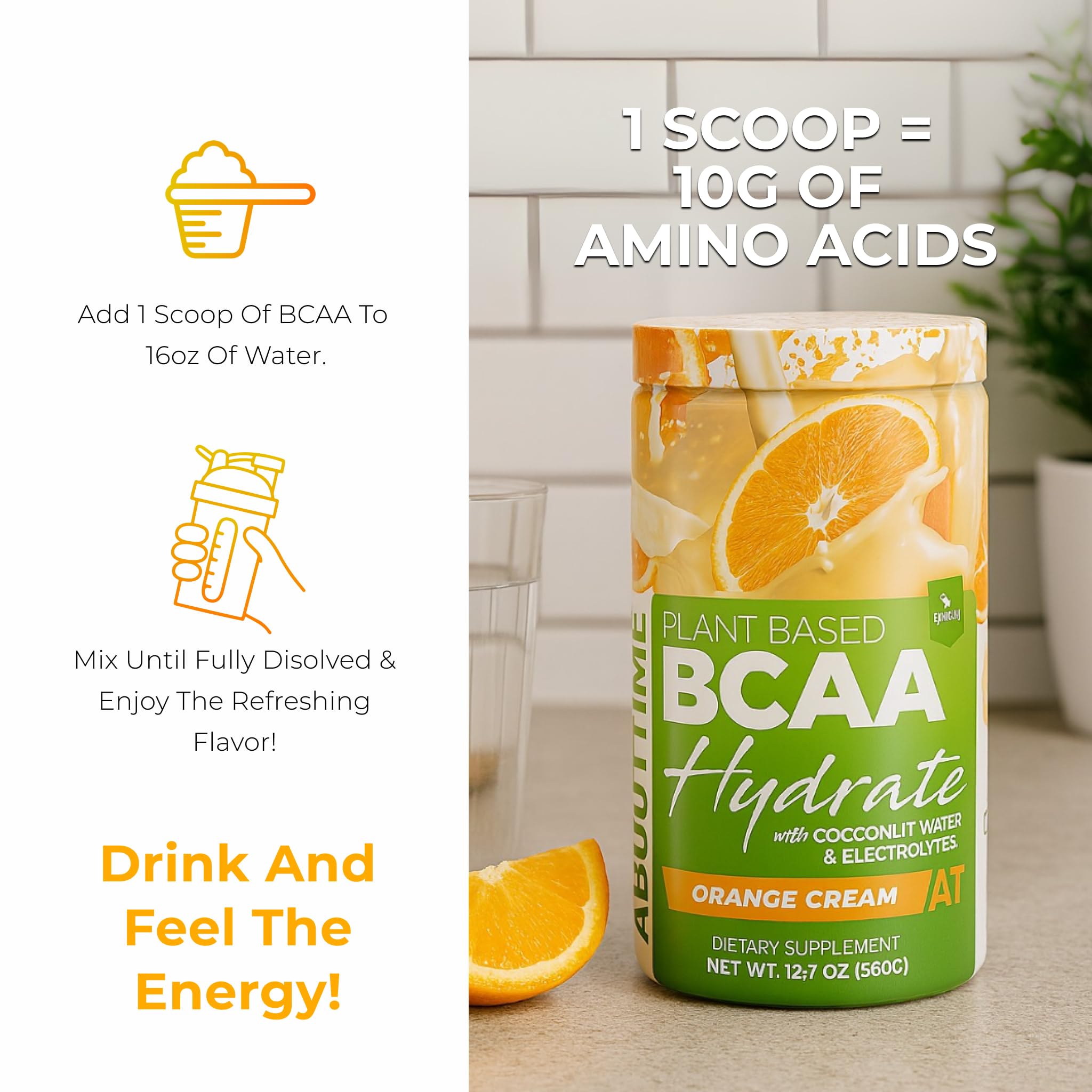 About Time BCAA Hydration made in USA packaging communicates quality and local production
