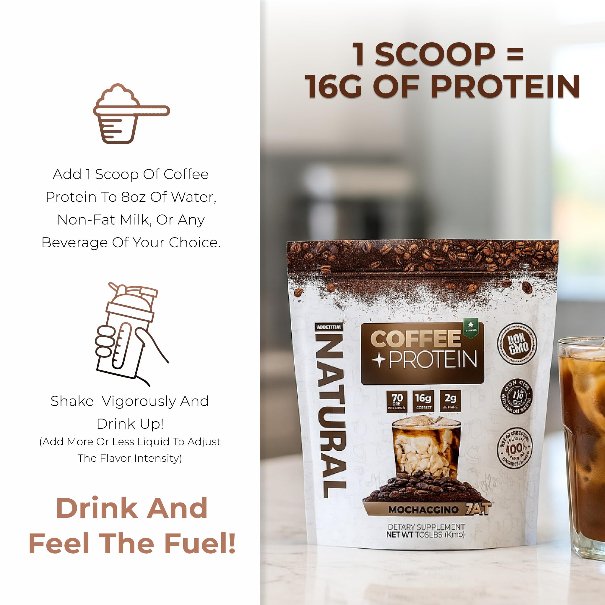 About Time Coffee + Whey Protein gluten-free packaging supports dairy-free options