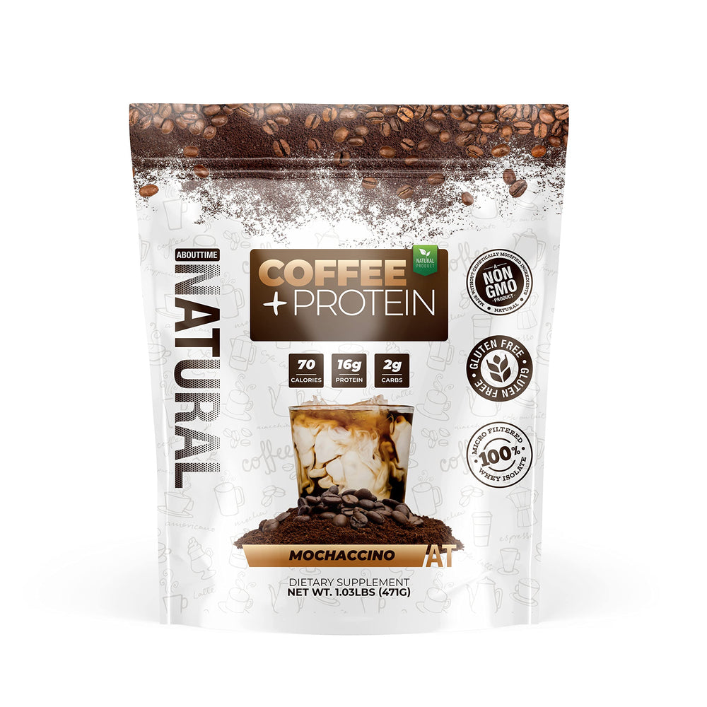 About Time Coffee + Whey Protein label highlights non-GMO formula for clean protein