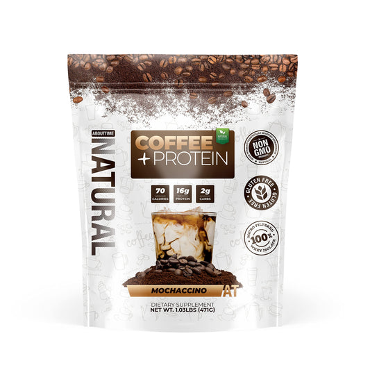 About Time Coffee + Whey Protein label highlights non-GMO formula for clean protein