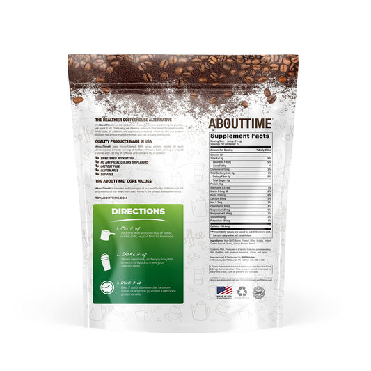 About Time Coffee + Whey Protein powder jar showing high protein content