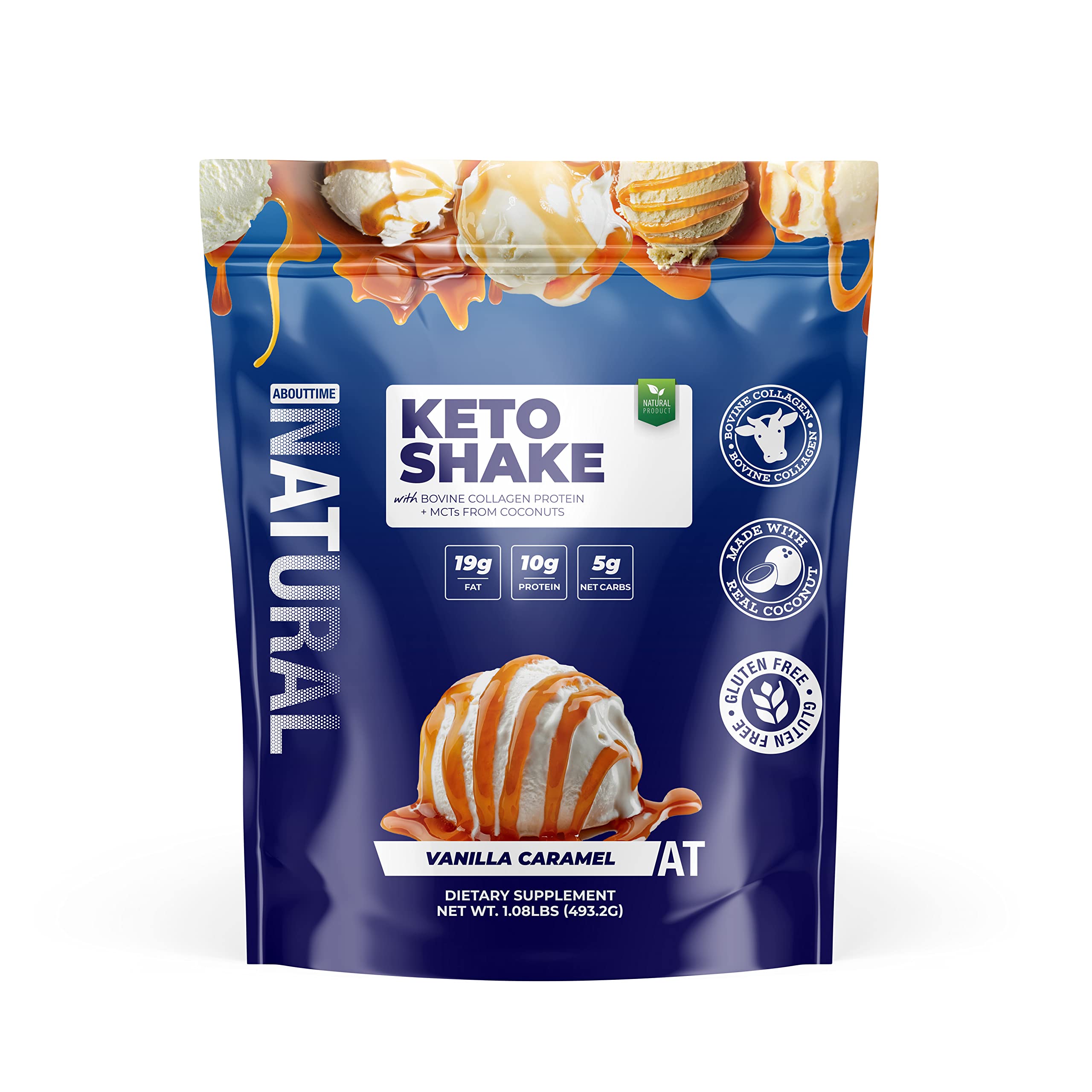 About Time Keto Shake bottle shows vanilla caramel flavor for a keto-friendly meal or snack.