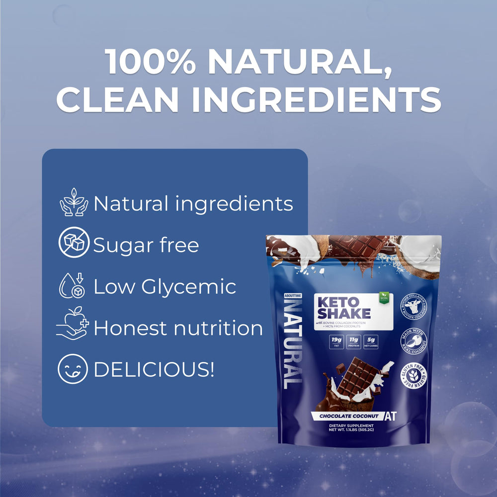 About Time Keto Shake Chocolate Coconut gluten-free packaging emphasizes allergy-friendly choice