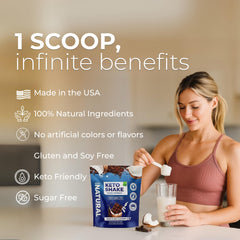 About Time Keto Shake Chocolate Coconut scoop demonstrates easy serving to start your day