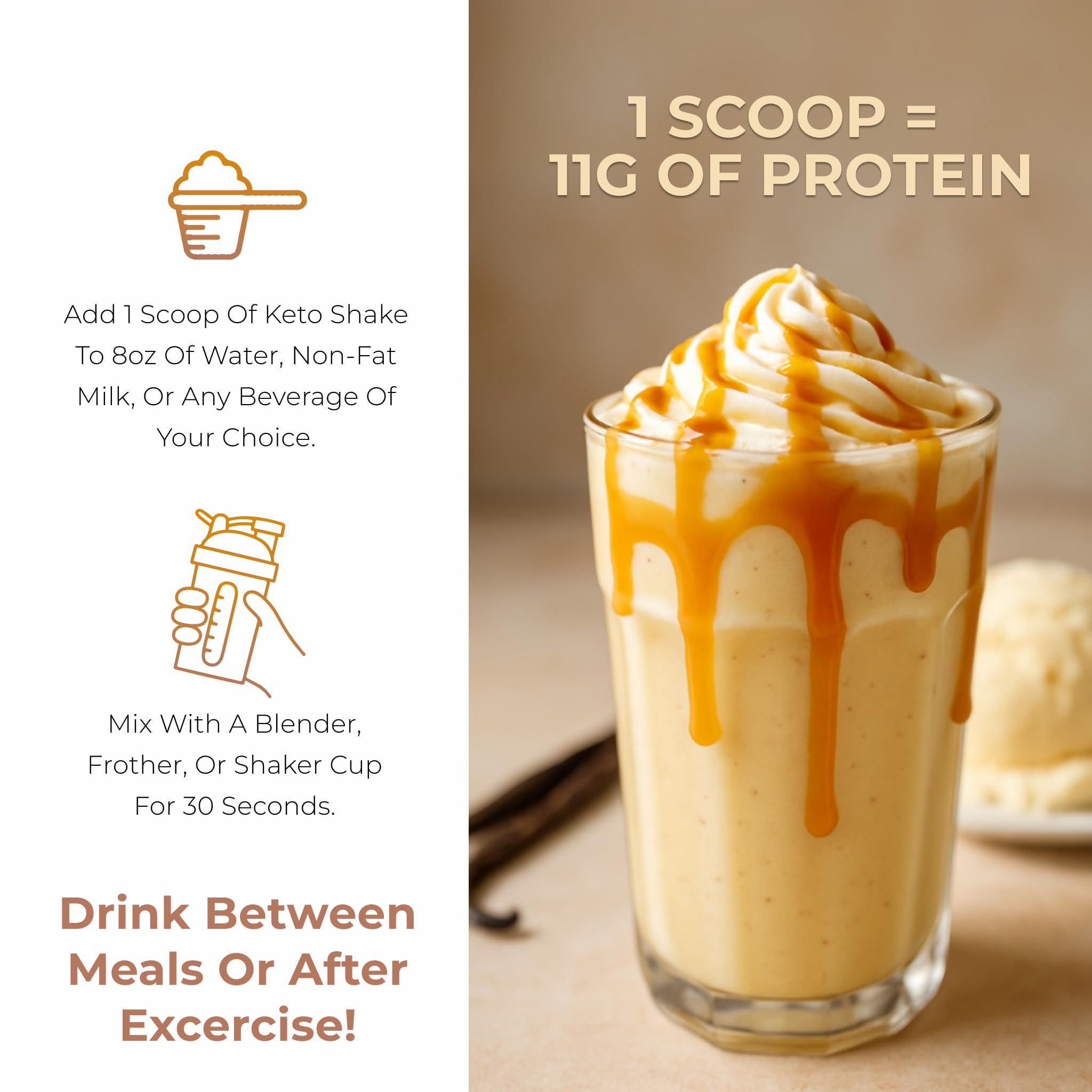 About Time Keto Shake glass shows a ready-to-enjoy vanilla caramel shake.