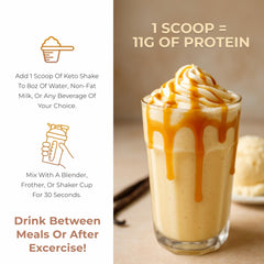 About Time Keto Shake glass shows a ready-to-enjoy vanilla caramel shake.
