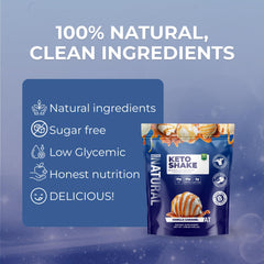 About Time Keto Shake ingredients close-up features collagen and MCT components.