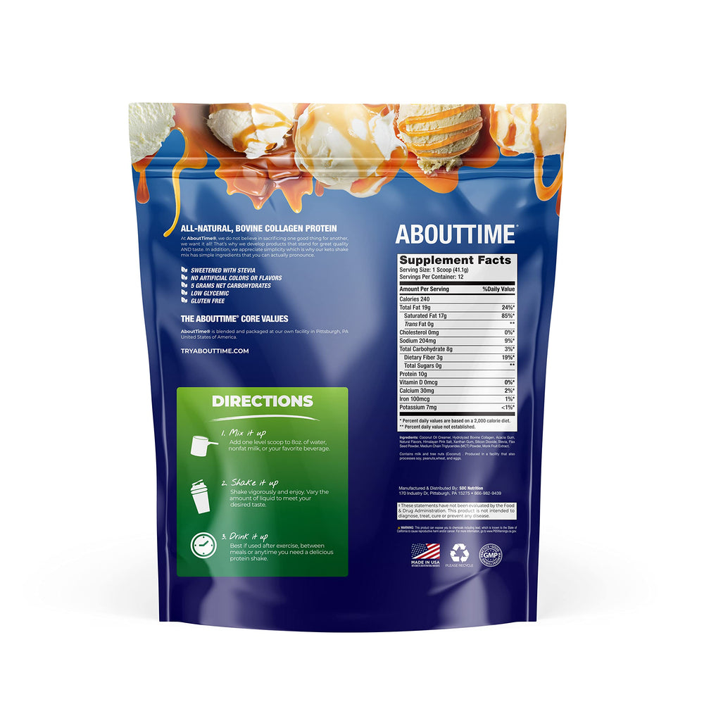 About Time Keto Shake label highlights bovine collagen and MCTs for texture and nutrition.
