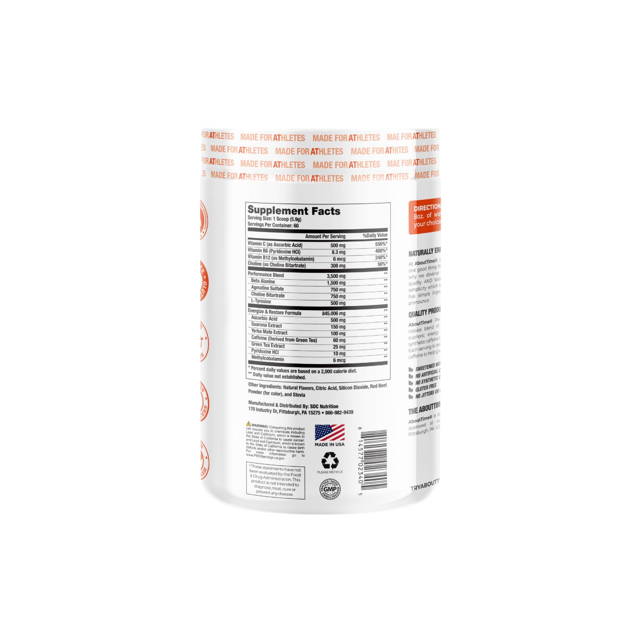 About Time Pre Workout Watermelon label highlights gluten-free, sugar-free formulation
