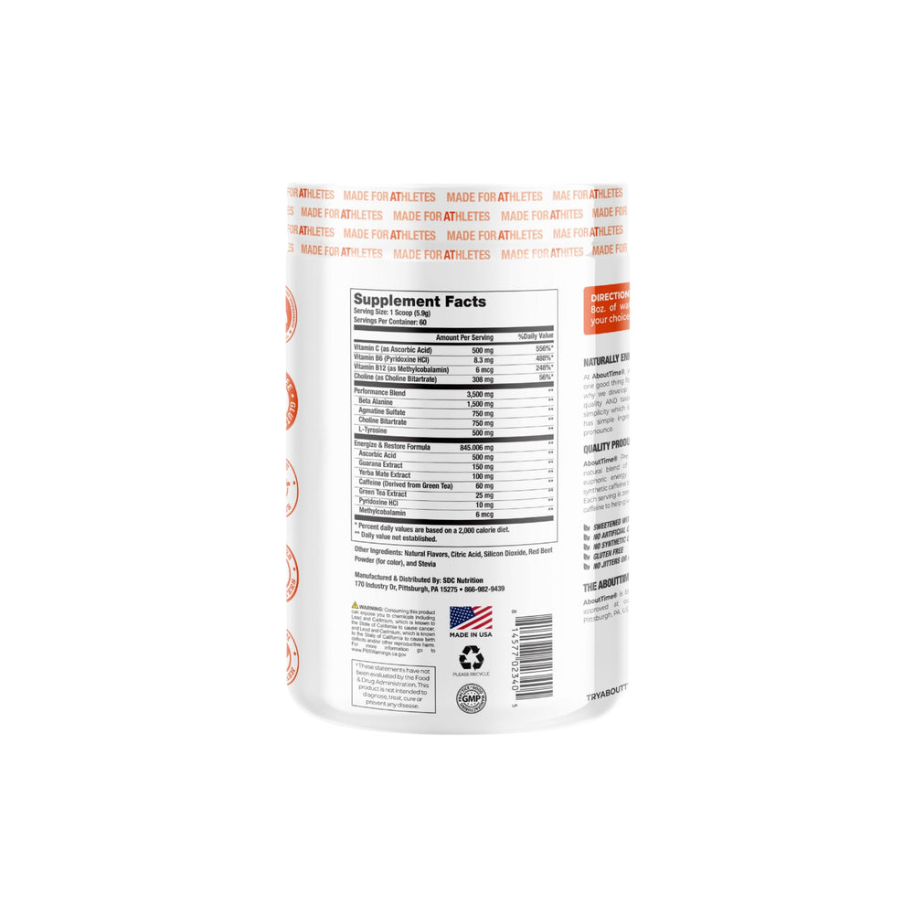About Time Pre Workout Watermelon label highlights gluten-free, sugar-free formulation