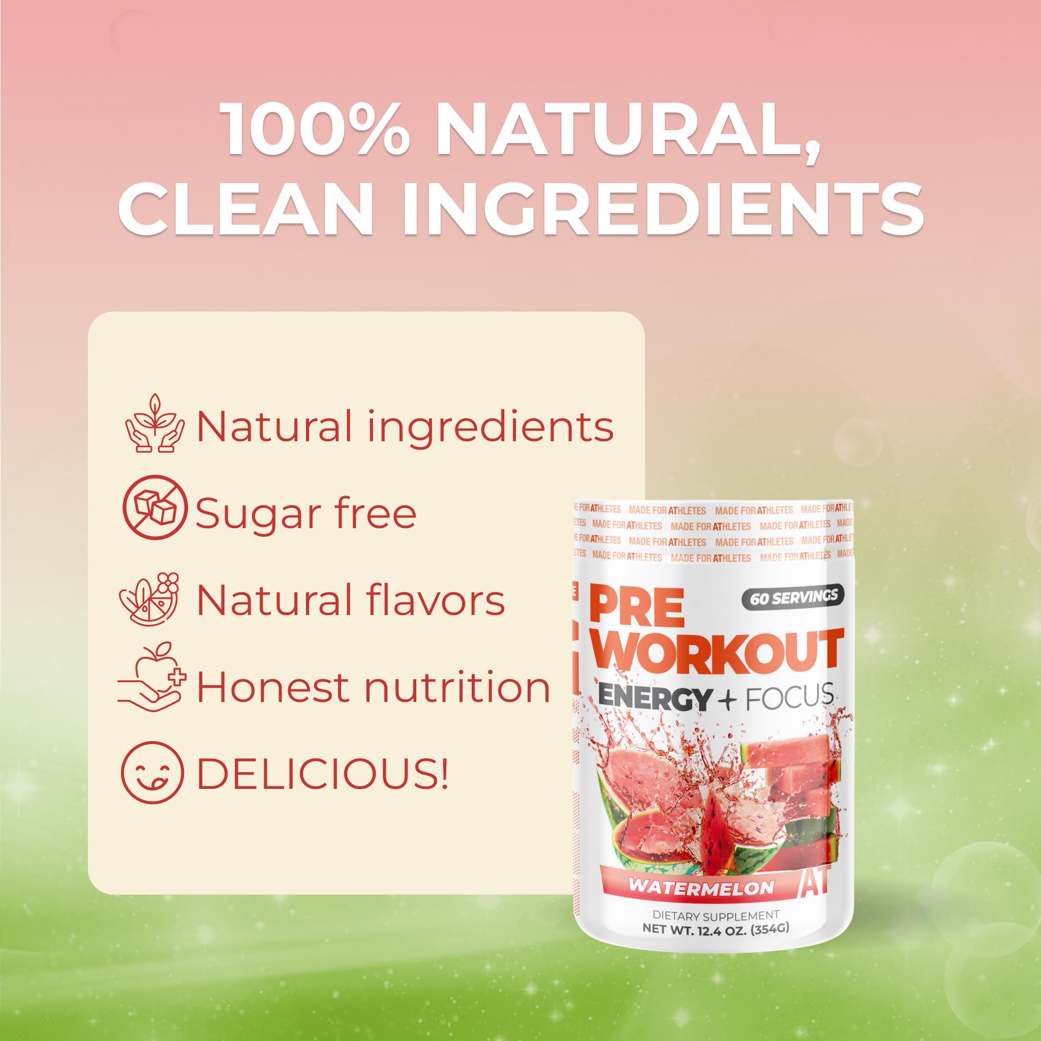 About Time Pre Workout Watermelon tub emphasizes 60 mg caffeine from green tea