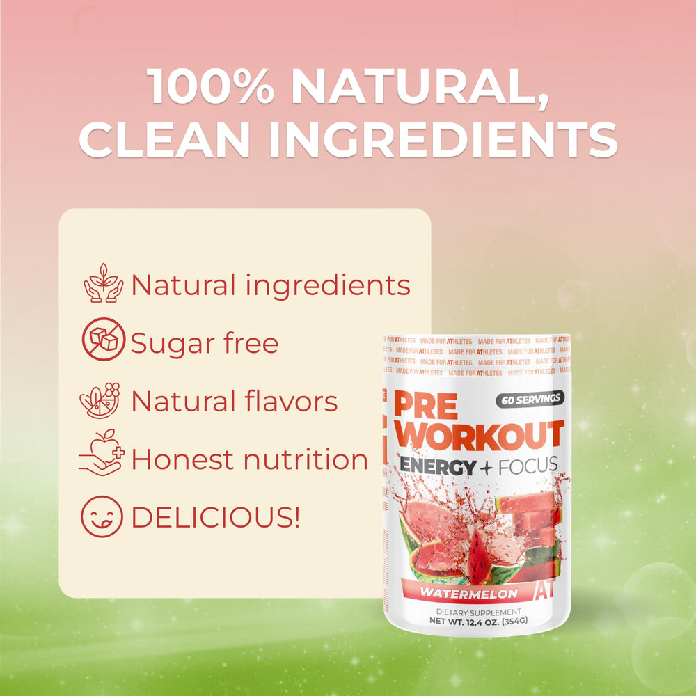 About Time Pre Workout Watermelon tub emphasizes 60 mg caffeine from green tea