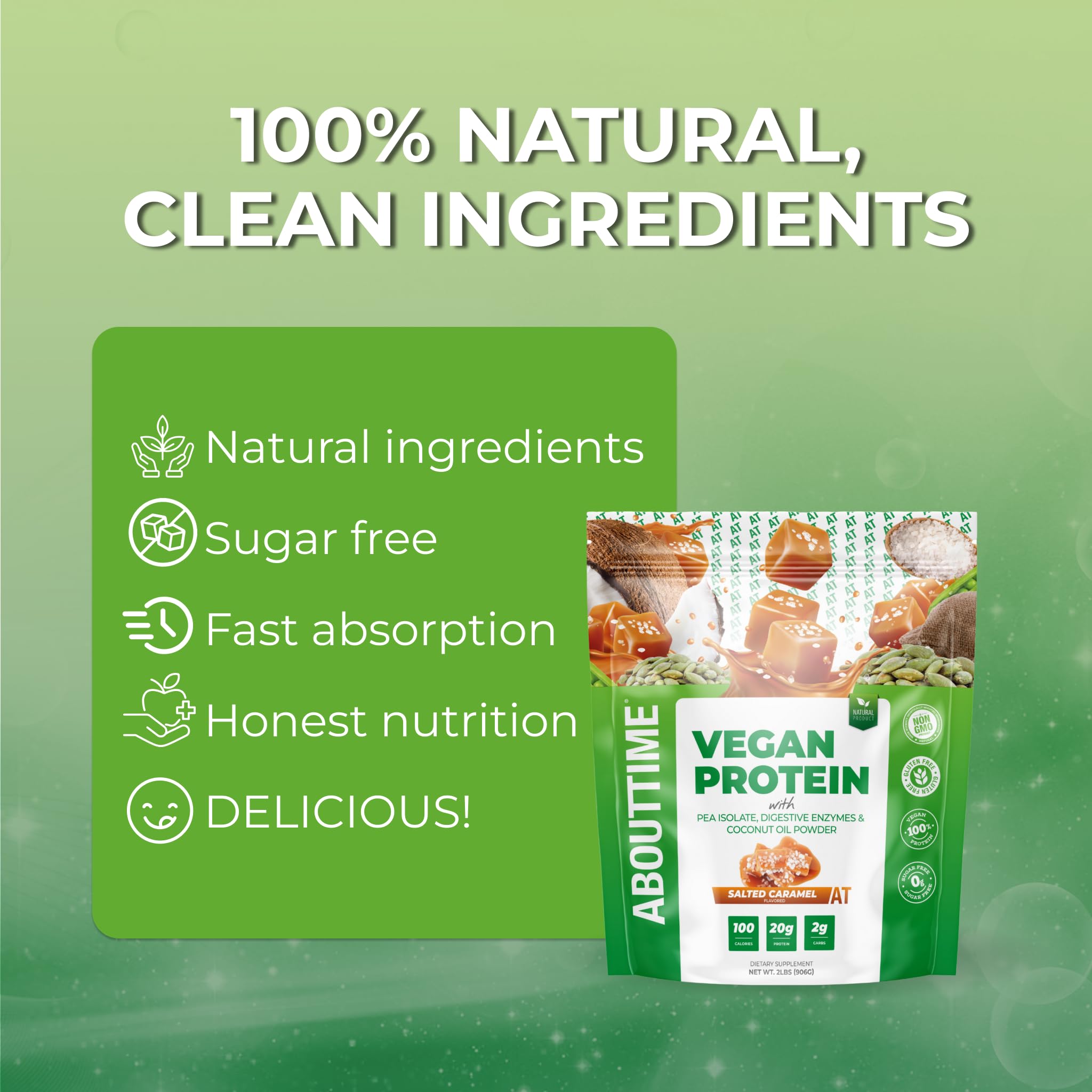 About Time protein powder label closeup emphasizing simple ingredients.