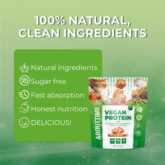 About Time protein powder label closeup emphasizing simple ingredients.