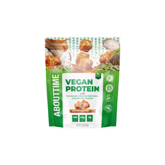 About Time salted caramel protein tub shows clean ingredients and packaging for everyday shakes.
