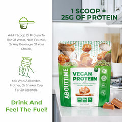 About Time shaker with vegan protein powder ready for a smooth mix.