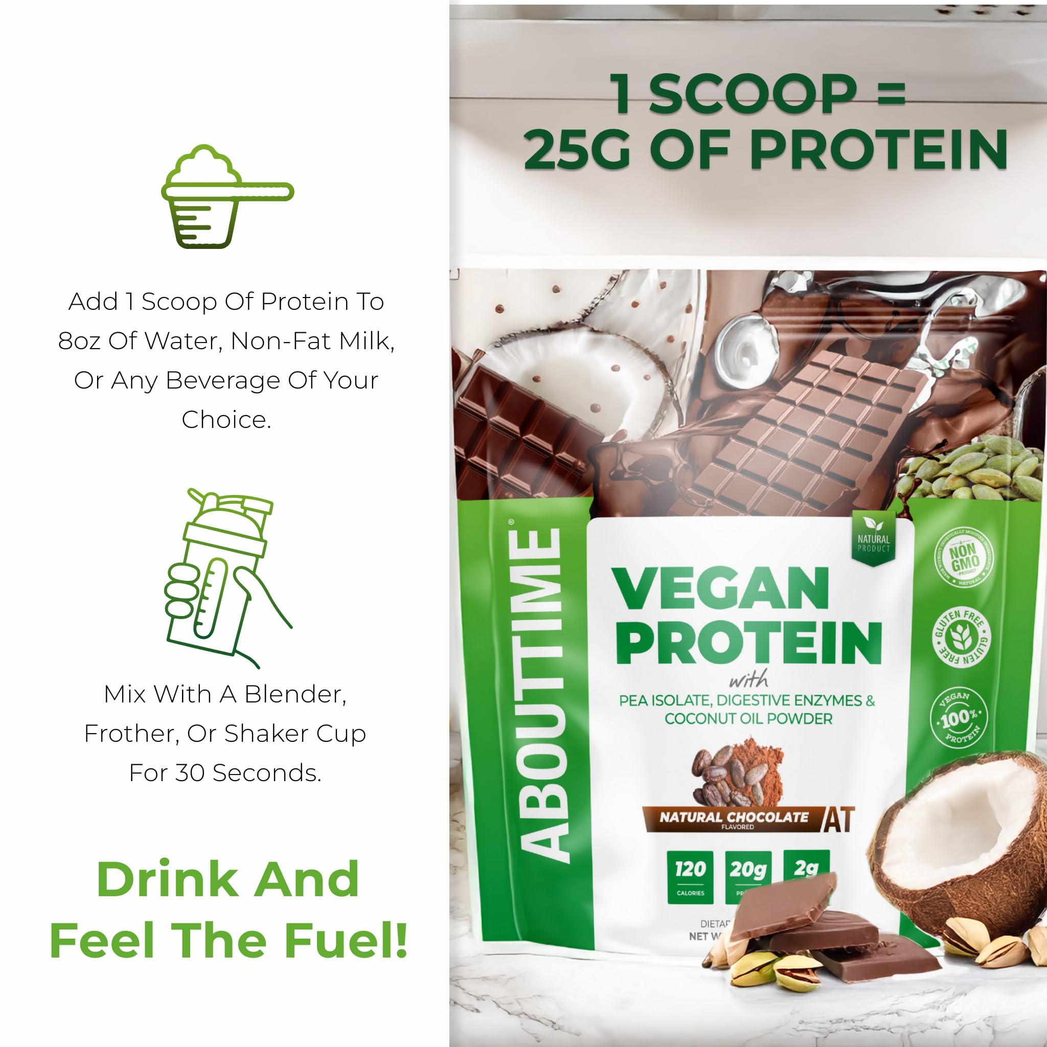 About Time vegan protein powder chocolate back-of-label highlights nutrition details.