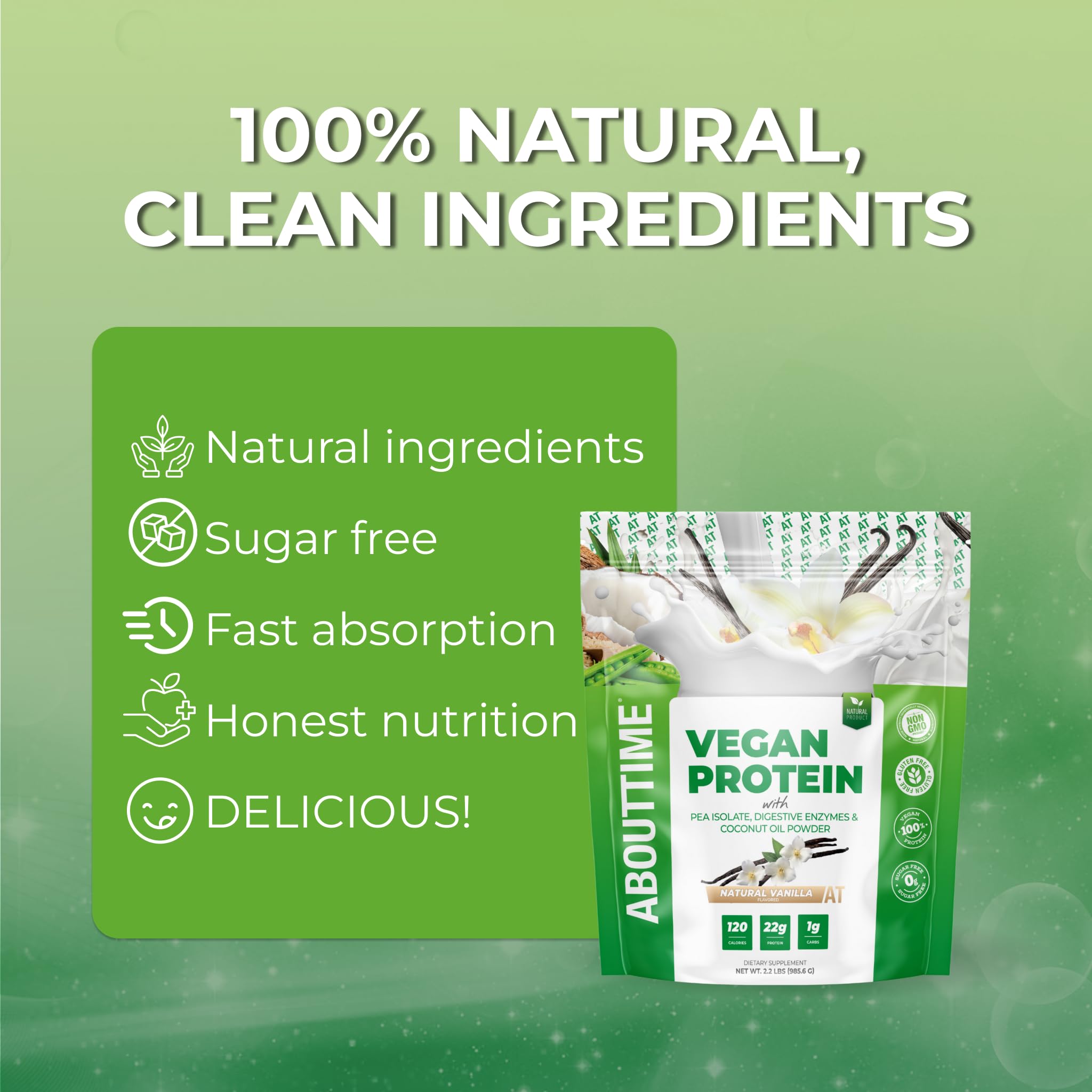 Packaging label on About Time Vanilla vegan protein emphasizing ingredients and flavor.