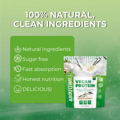 Packaging label on About Time Vanilla vegan protein emphasizing ingredients and flavor.