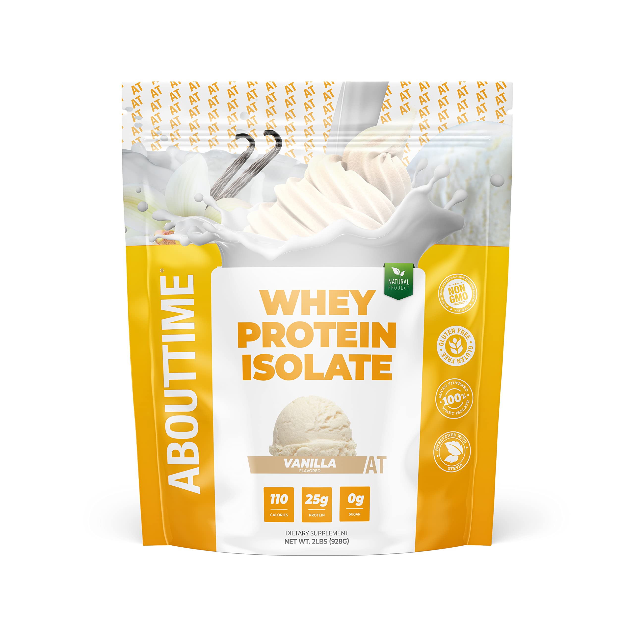 About Time Whey Protein Isolate Vanilla jar showcases a clean label and high-protein option
