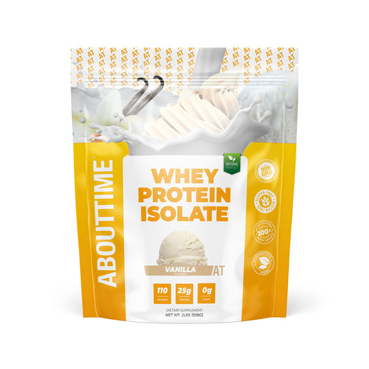 About Time Whey Protein Isolate Vanilla jar showcases a clean label and high-protein option