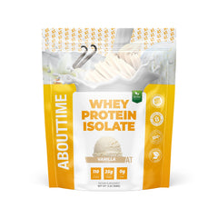 About Time Whey Protein Isolate Vanilla jar showcases a clean label and high-protein option