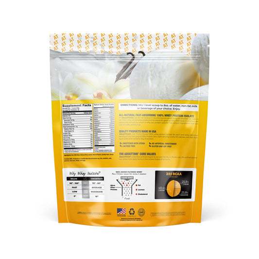 About Time Whey Protein Isolate Vanilla shake in glass demonstrates smooth mix and great taste
