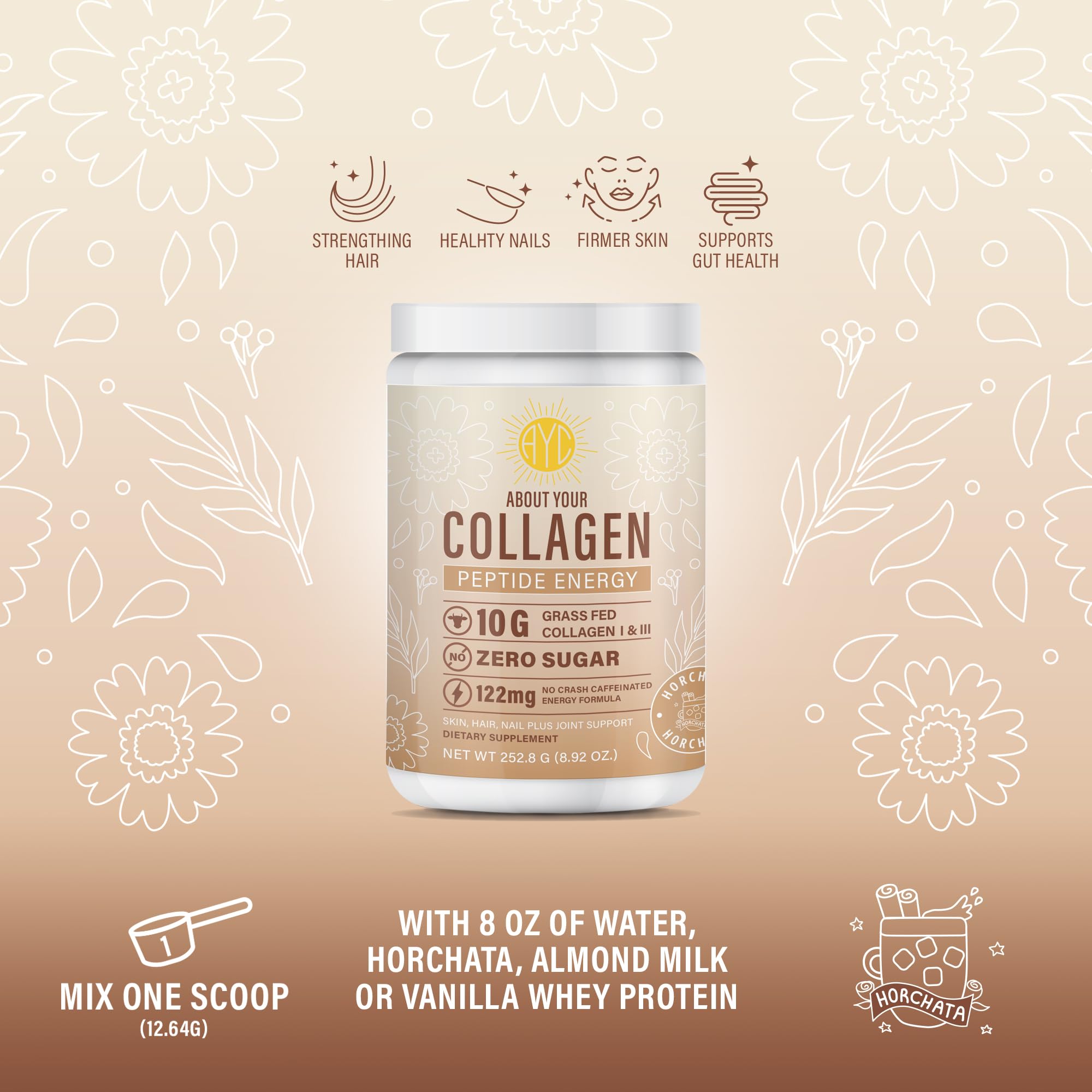 About Your Collagen Horchata drink in a glass ready to hydrate with flavor.