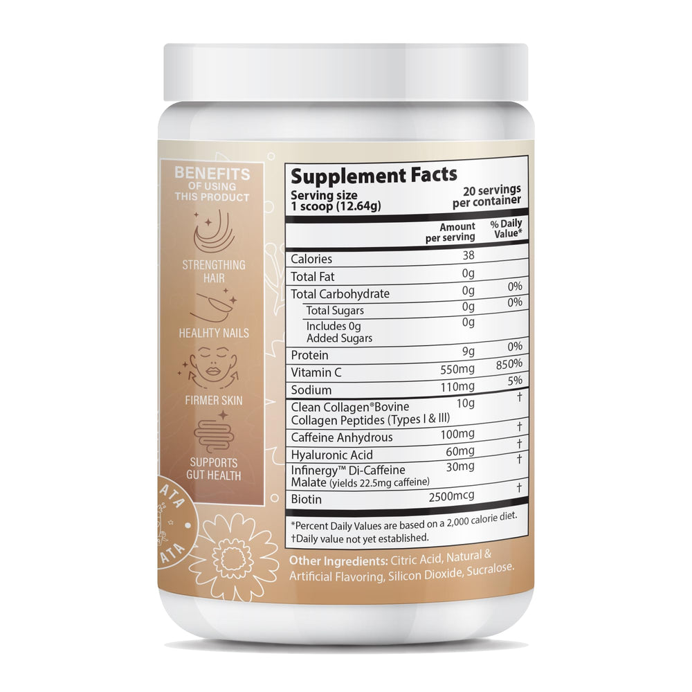 About Your Collagen Horchata packaging emphasizes clean sourcing and zero sugar.