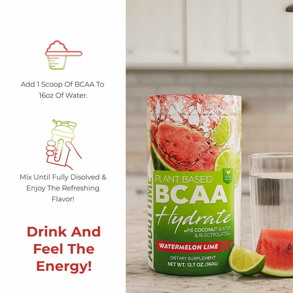 About Time BCAA Hydration Watermelon Lime cold drink with ice enhances flavor