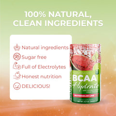 About Time BCAA Hydration Watermelon Lime packaging label shows plant-based formula