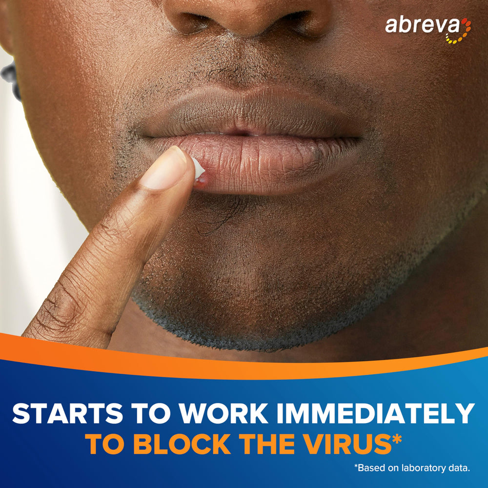 Close-up of applying Abreva cream to the lip area.