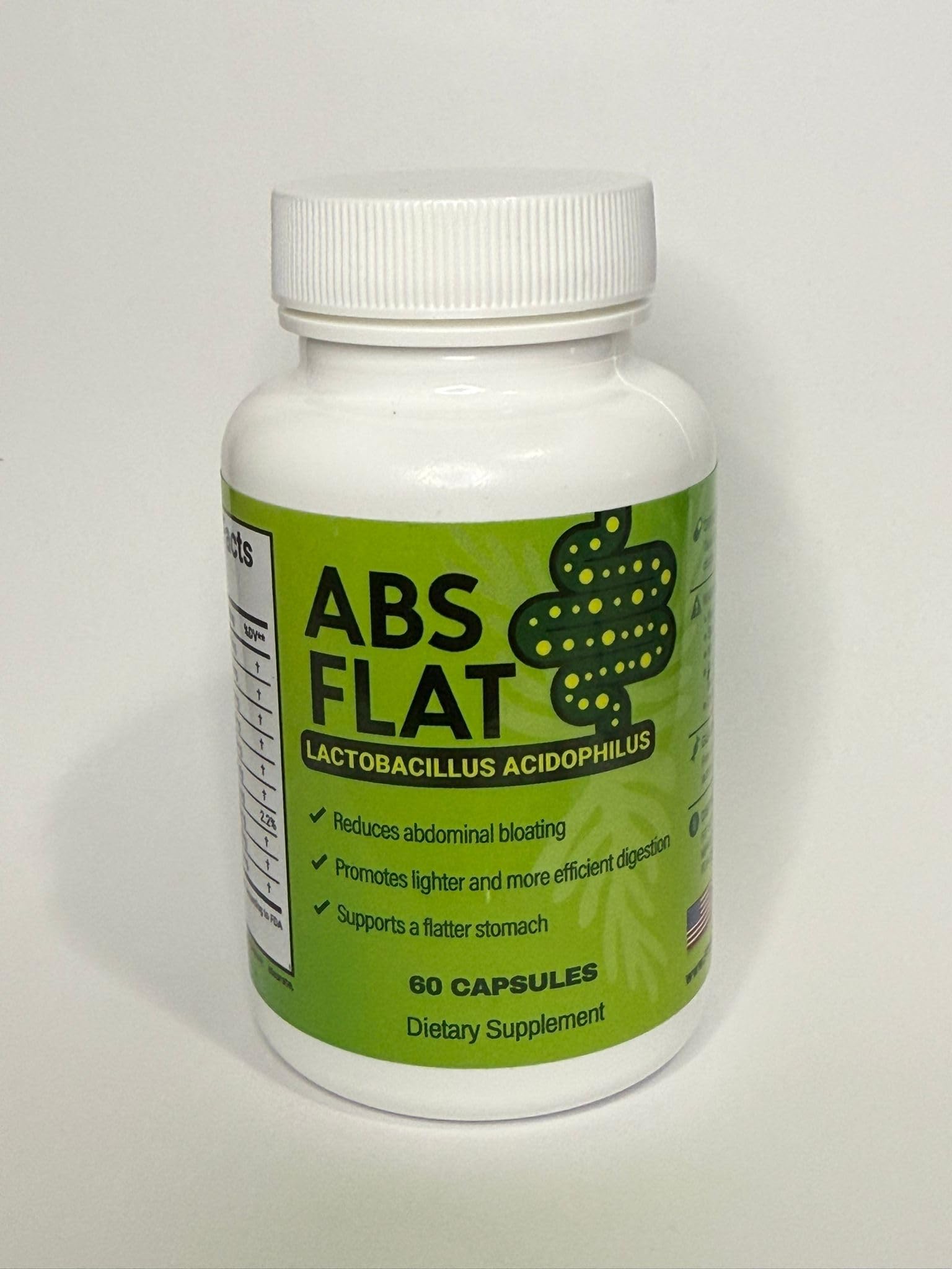 ABSFLAT probiotic bottle with Lactobacillus Acidophilus for daily digestive support.