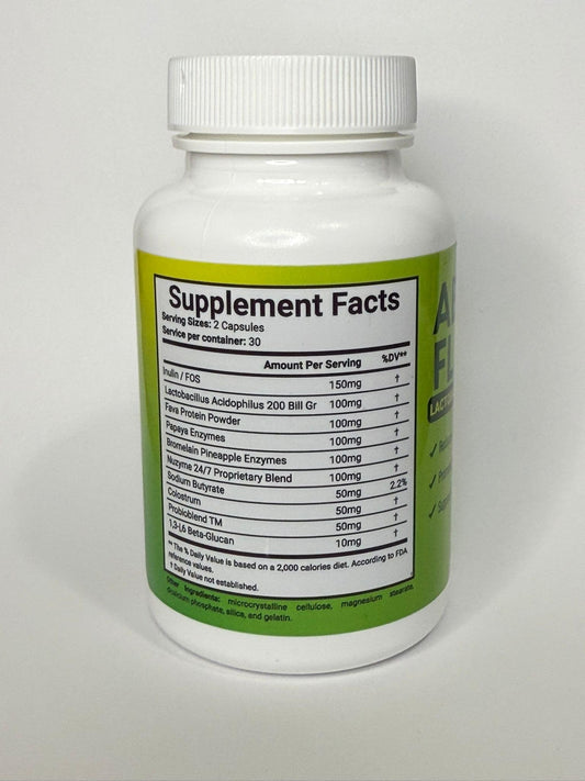 ABSFLAT Lactobacillus Acidophilus capsules close-up for gut health.
