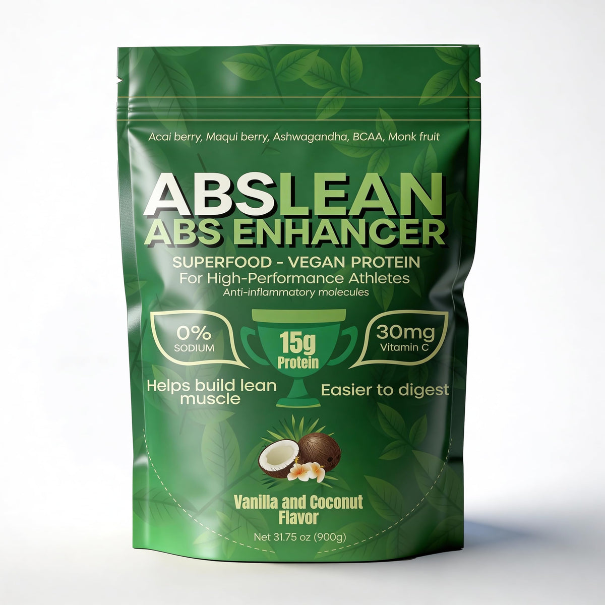 ABSLEAN vegan protein bottle on countertop, ideal for convenient daily protein and inflammation-friendly nutrition.