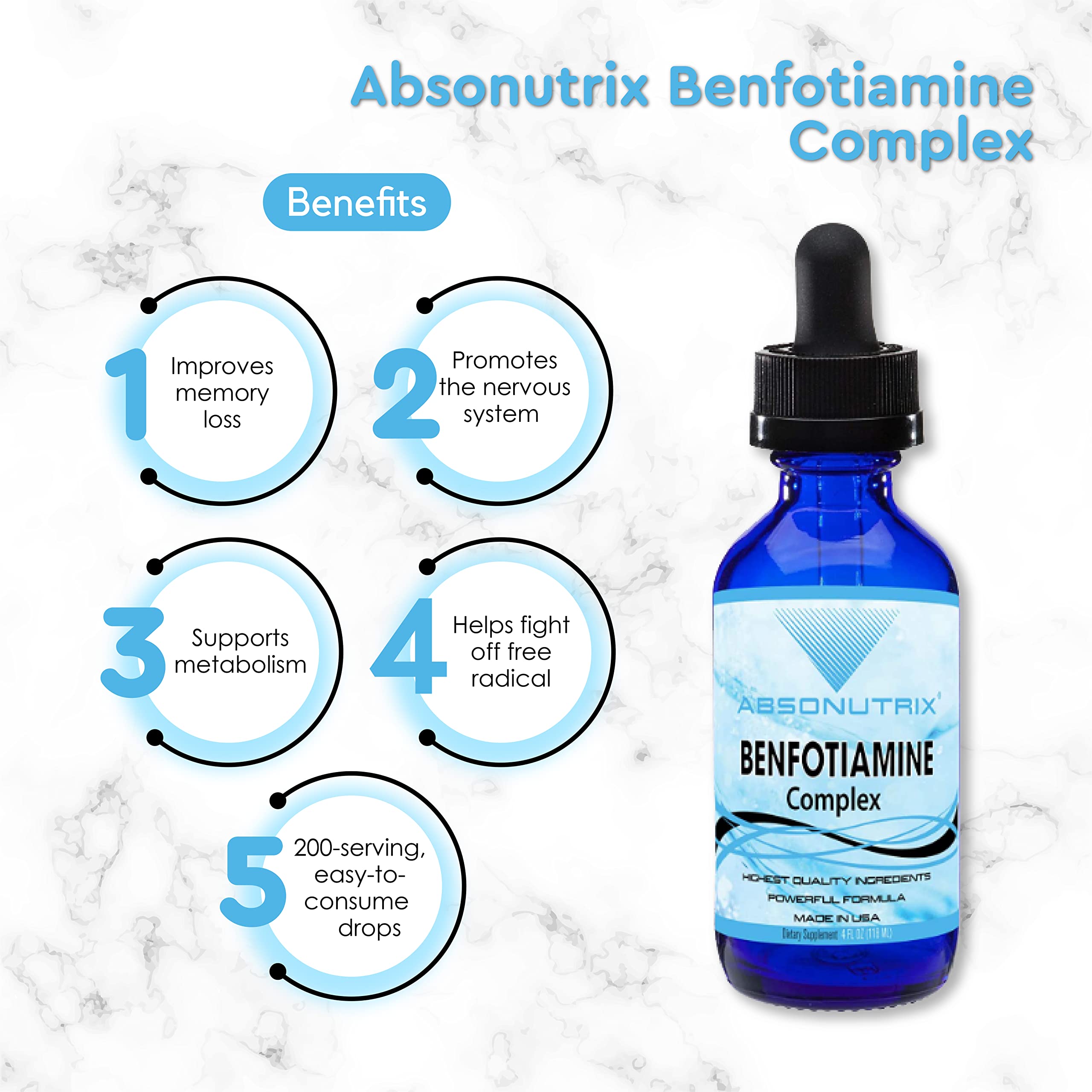 GMP-certified badge with Absonutrix Benfotiamine Complex packaging
