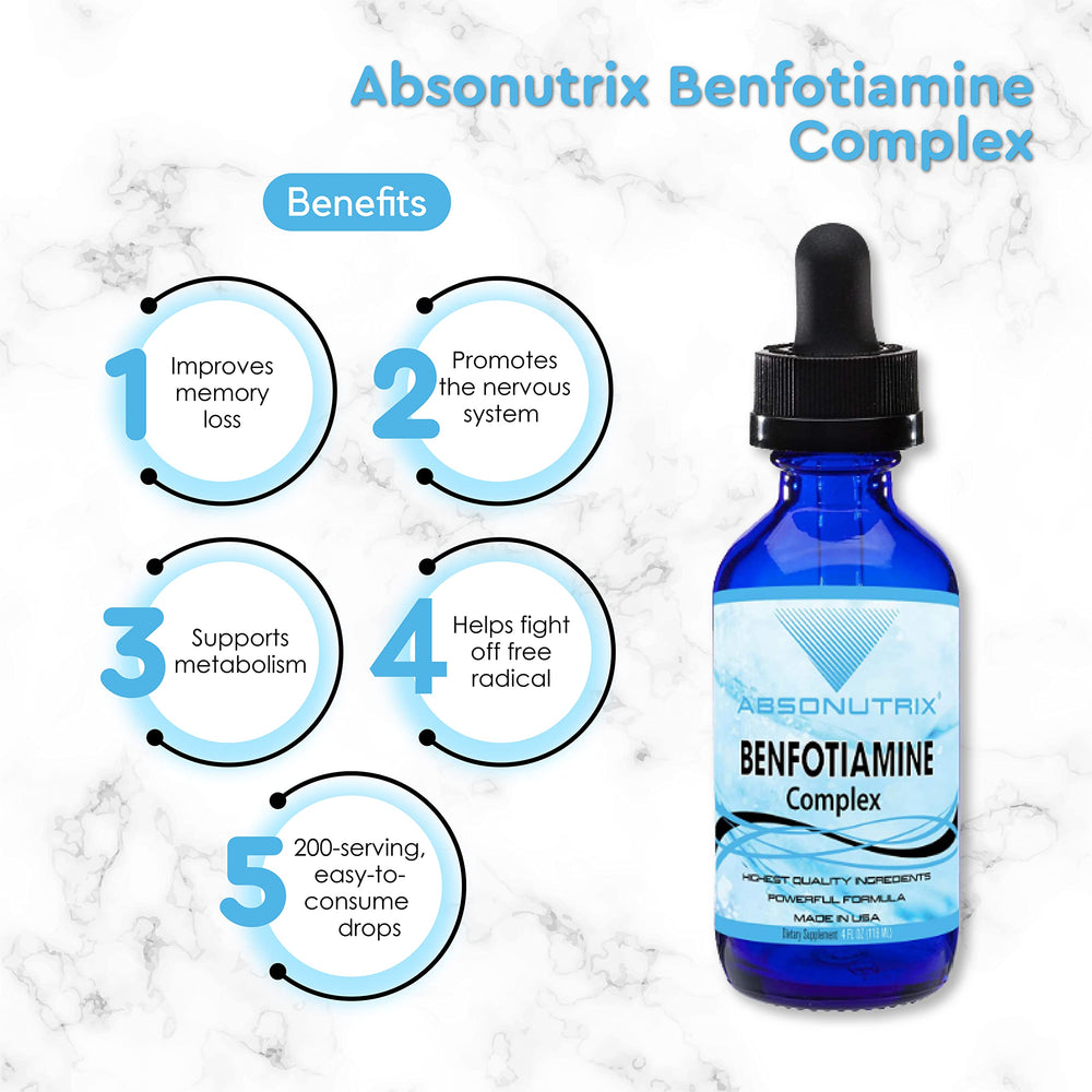 GMP-certified badge with Absonutrix Benfotiamine Complex packaging