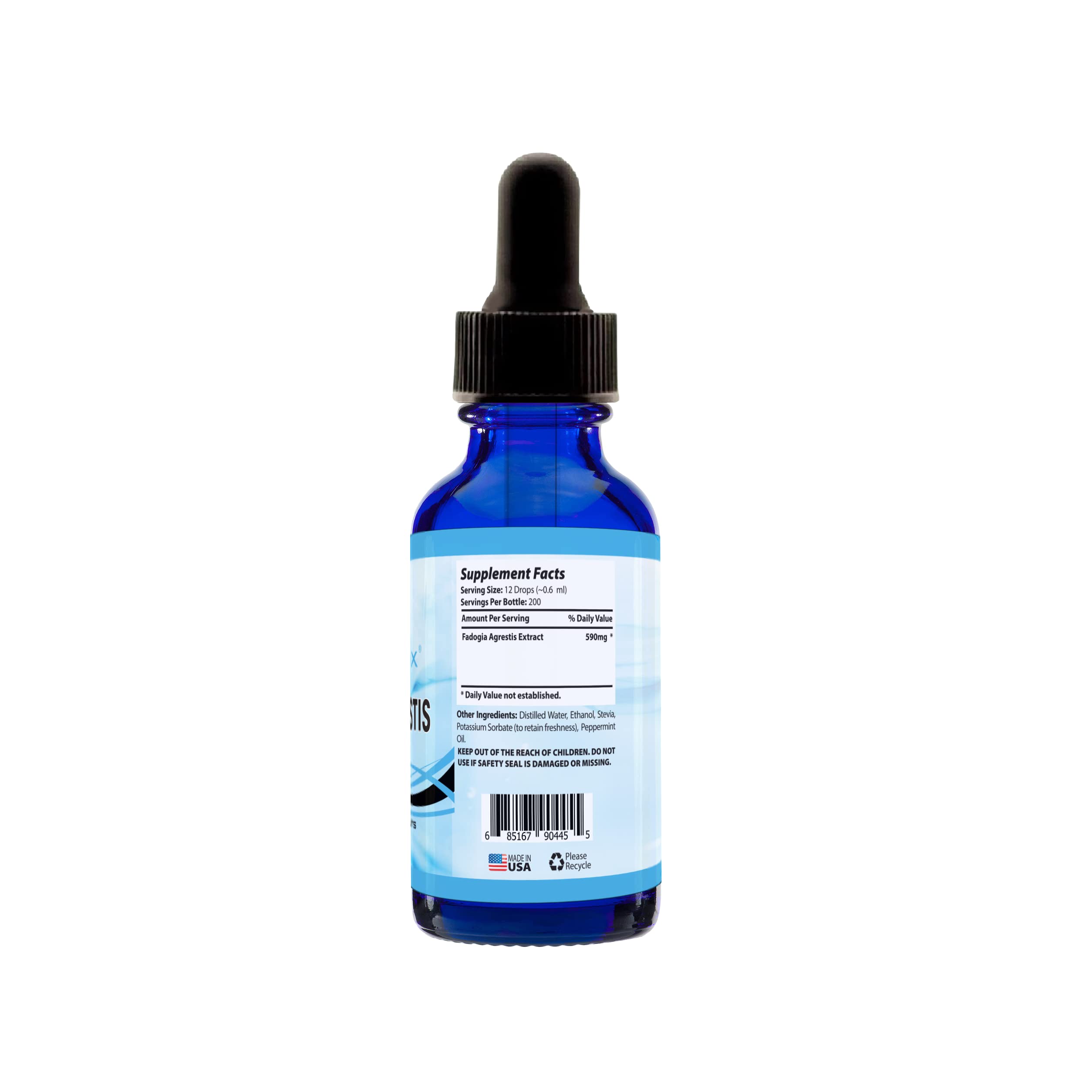 Absonutrix Fadogia Agrestis 590 mg drops label closeup shows non-GMO, gluten-free formulation