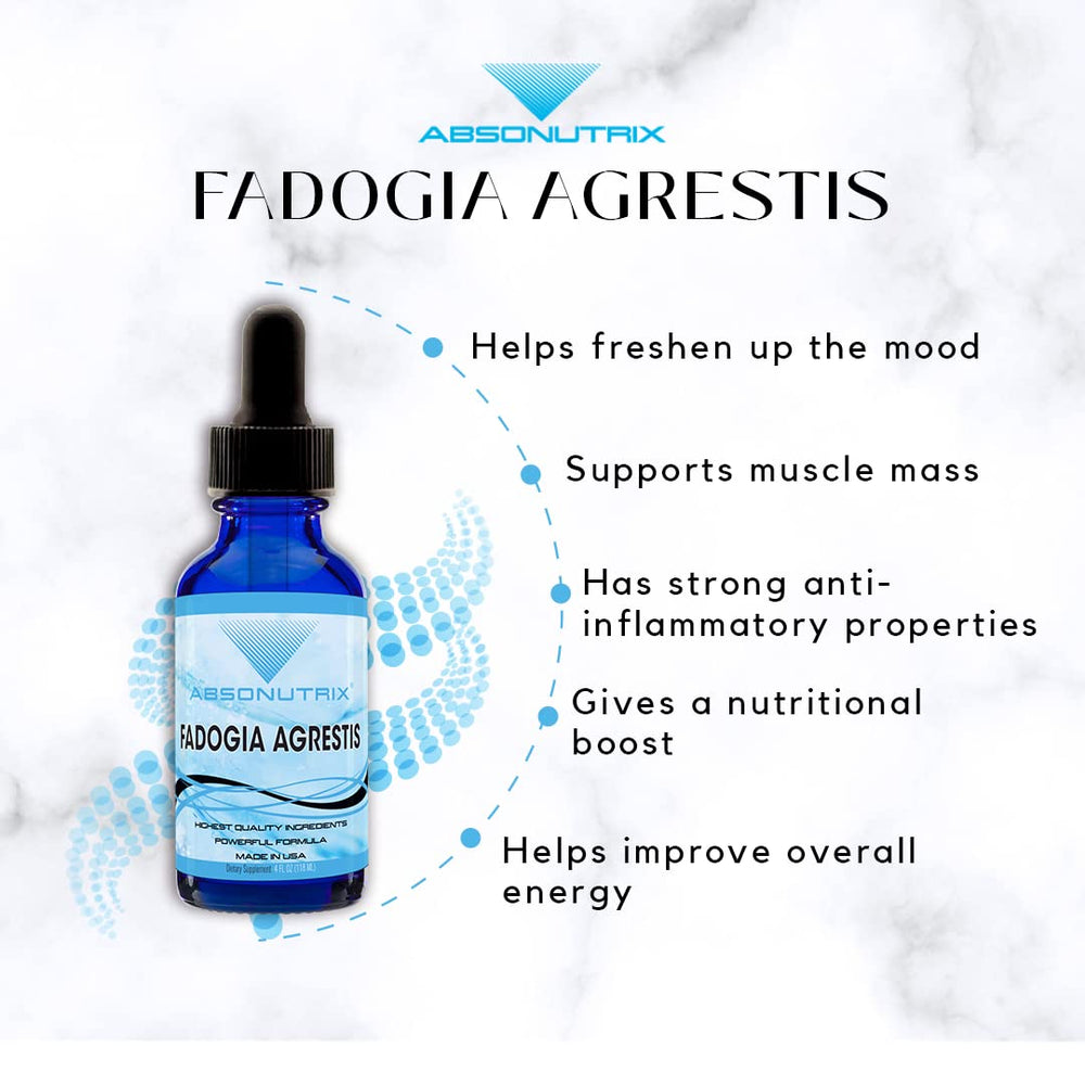 Absonutrix Fadogia Agrestis 590 mg drops made in USA label conveys trusted manufacturing