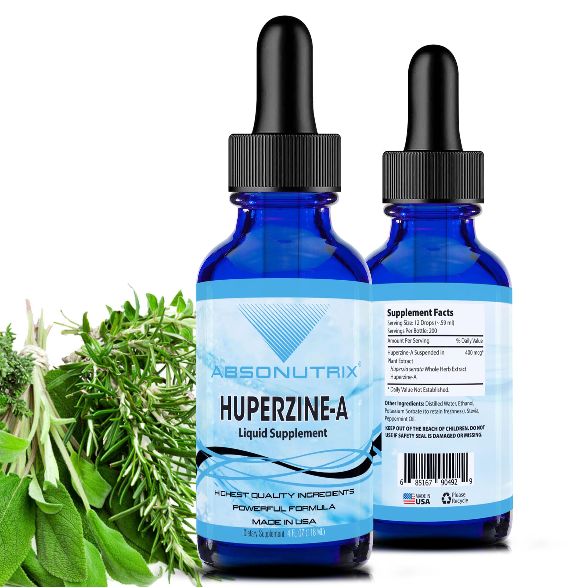 Absonutrix Huperzine-A liquid bottle highlighting quick absorption for daily focus.
