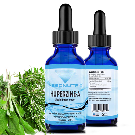 Absonutrix Huperzine-A liquid bottle highlighting quick absorption for daily focus.